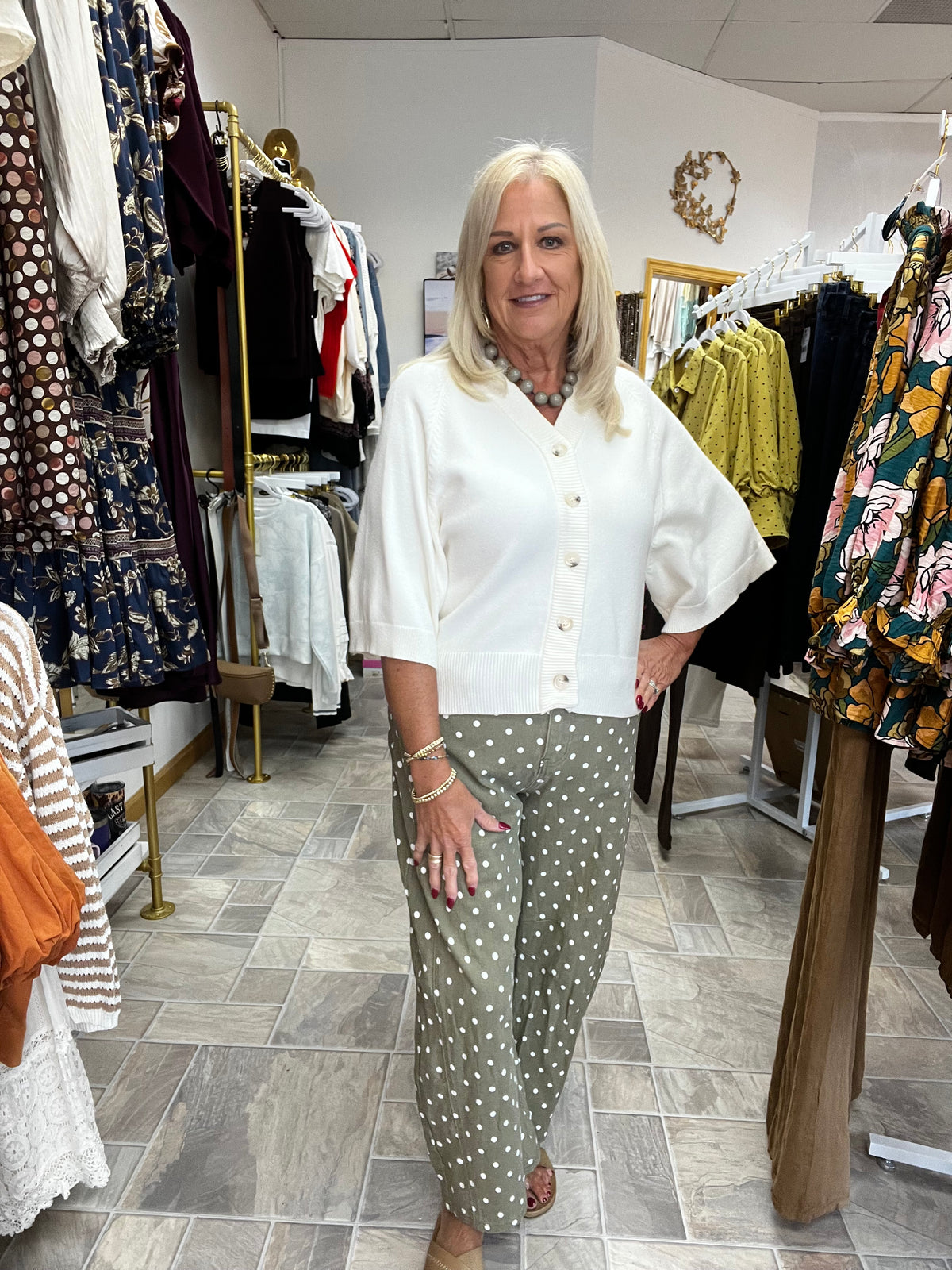 Olive Polka Dot Barrel Pants