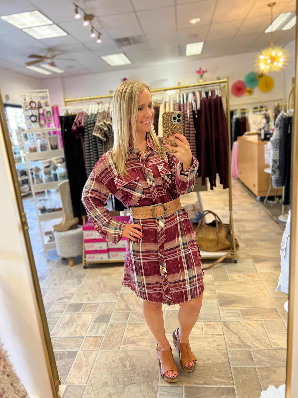 Washed Merlot Plaid Shirt Dress
