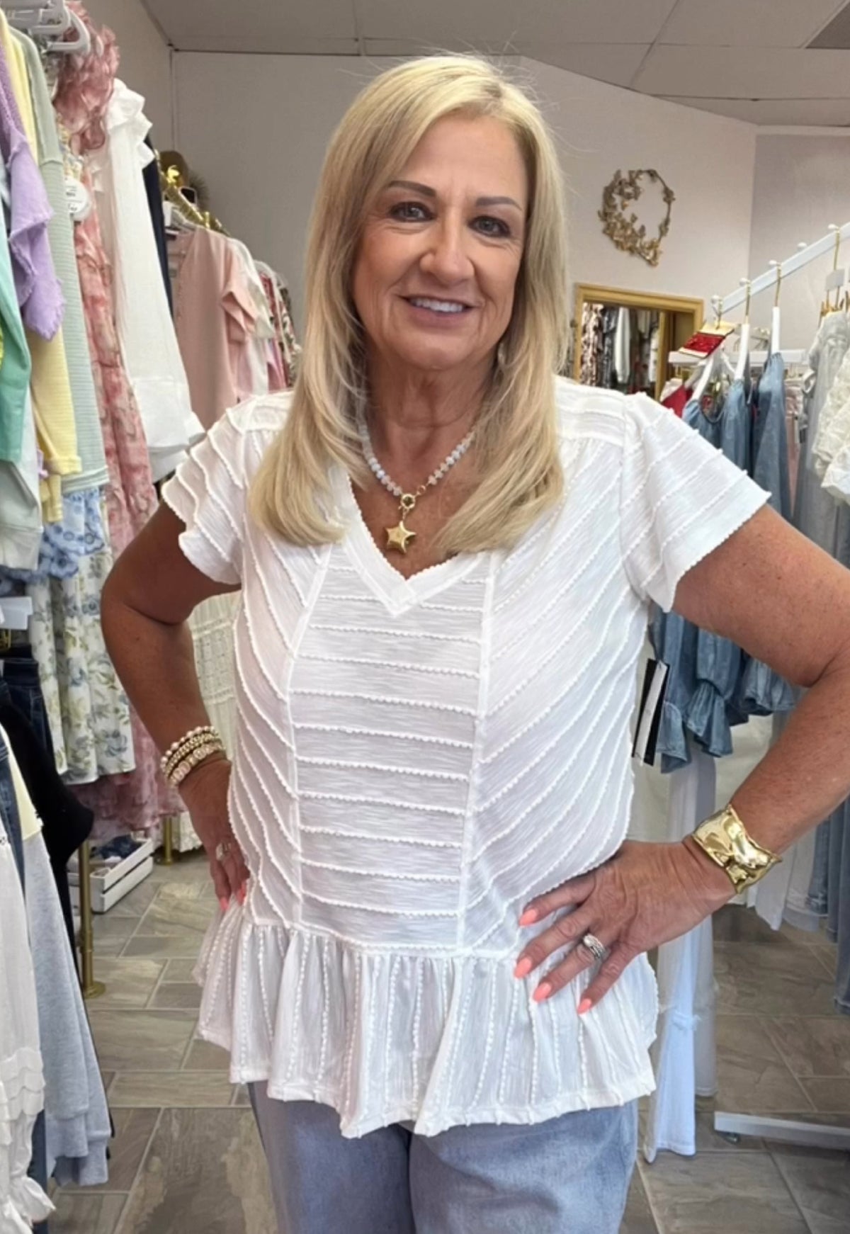 LIVERPOOL Short Sleeve V-Neck Knit Top - White