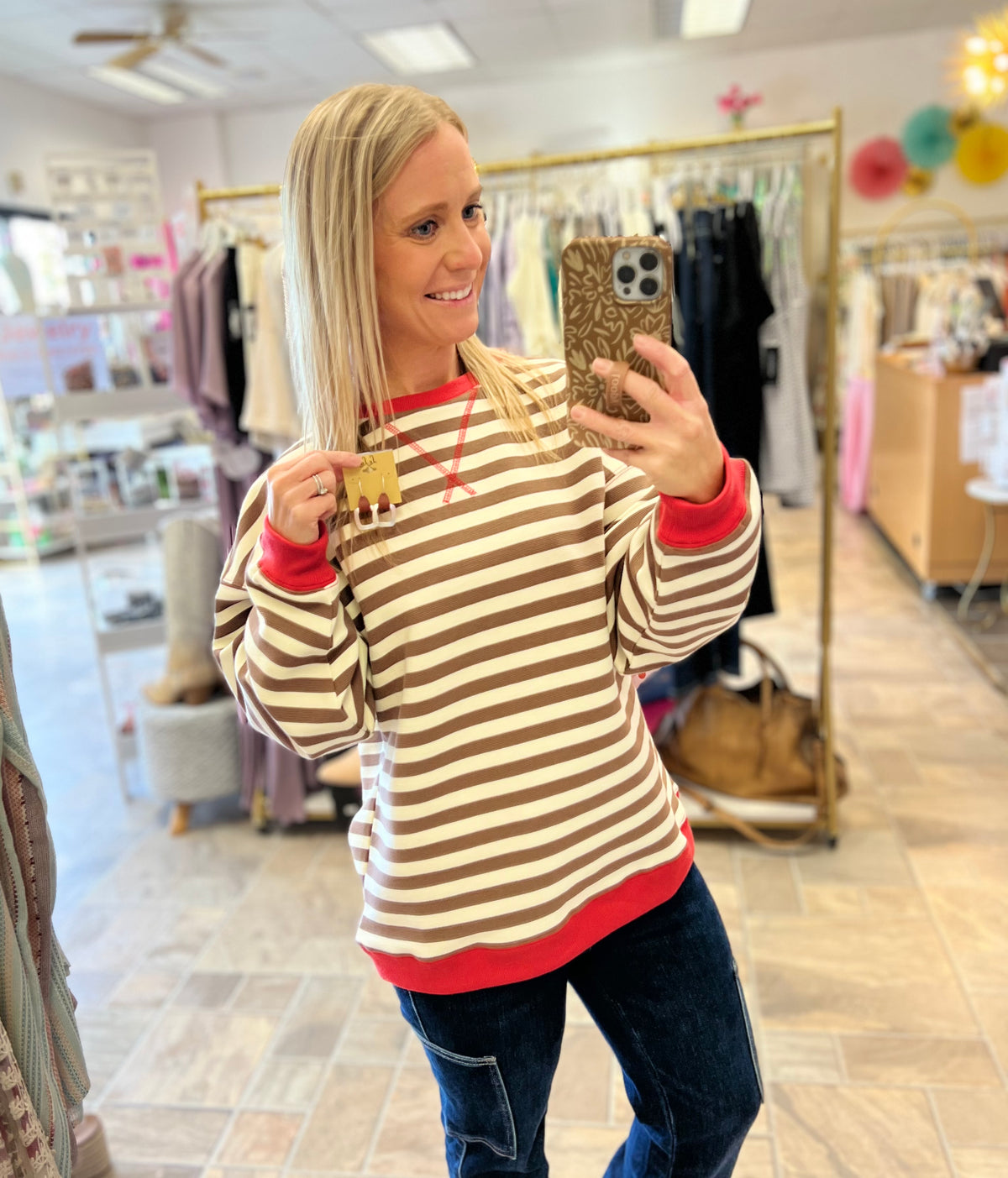 Brown and Coral Stripe Top