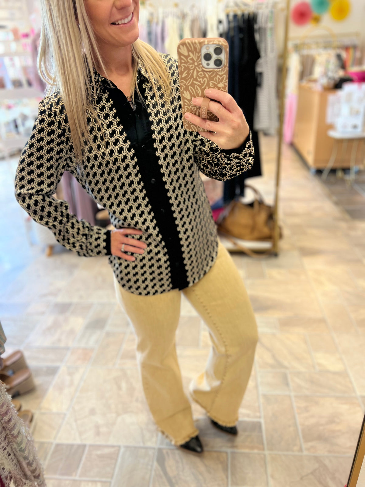 LIVERPOOL Long Sleeve Button Front Woven Shirt - Black Gold