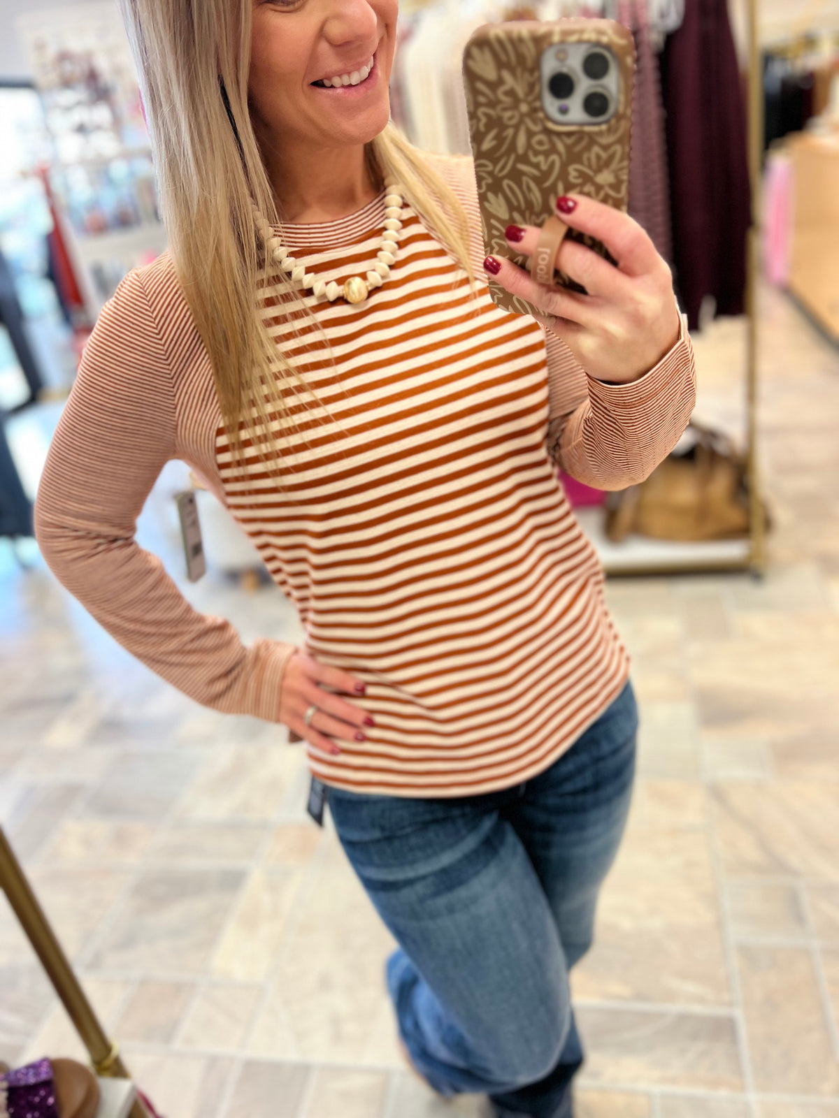 LIVERPOOL Long Sleeve Crew Neck Knit Top With Seaming - Ginger Spice/Cream Stripe