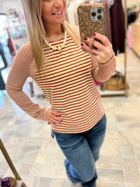 LIVERPOOL Long Sleeve Crew Neck Knit Top With Seaming - Ginger Spice/Cream Stripe