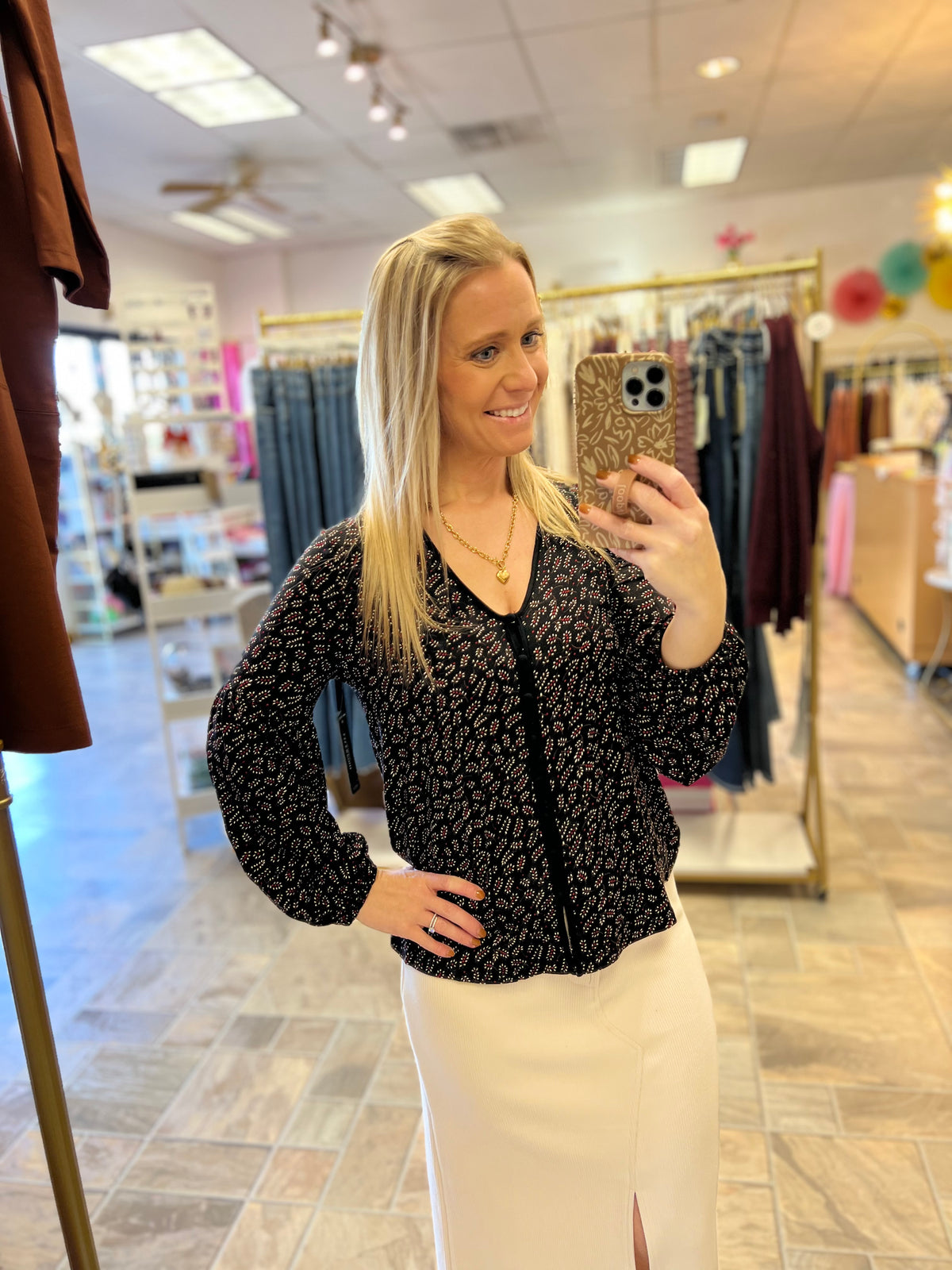 LIVERPOOL Long Sleeve Button Front Knit Top - Black Red Ditsy