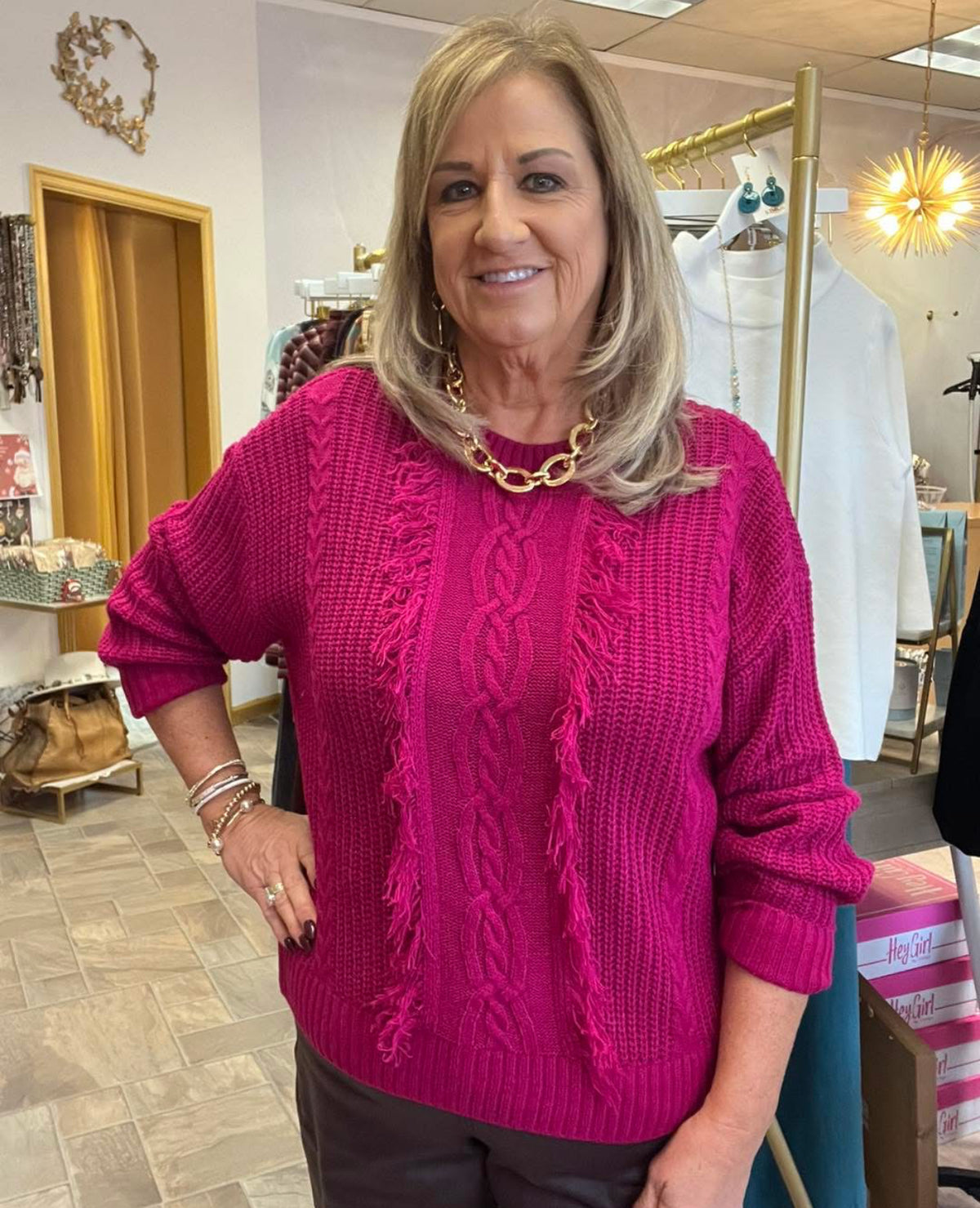 LIVERPOOL Long Sleeve Crew Neck Sweater With Fringe - Deep Raspberry Pink