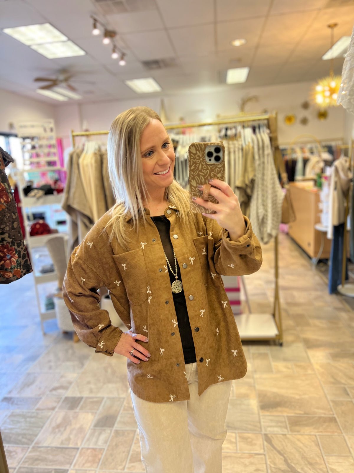 Bow Embroidery Corduroy Shirt