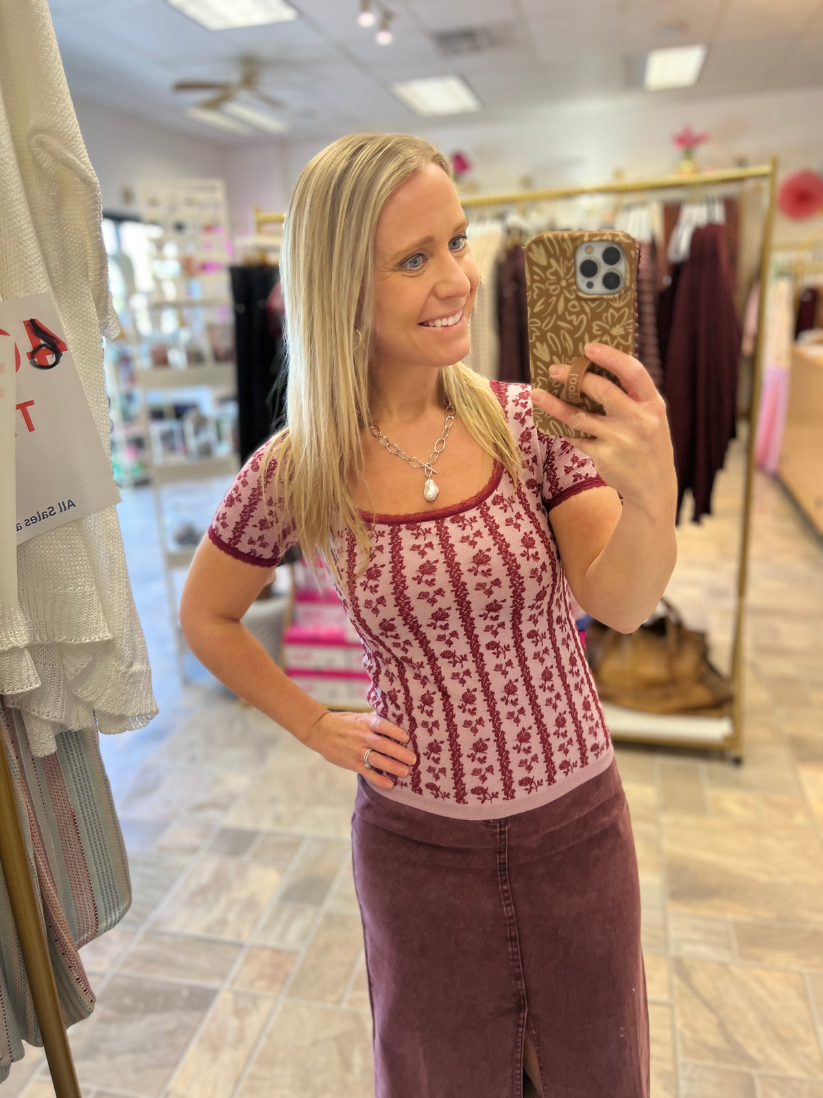 Lace Trimmed Floral Top - Raspberry