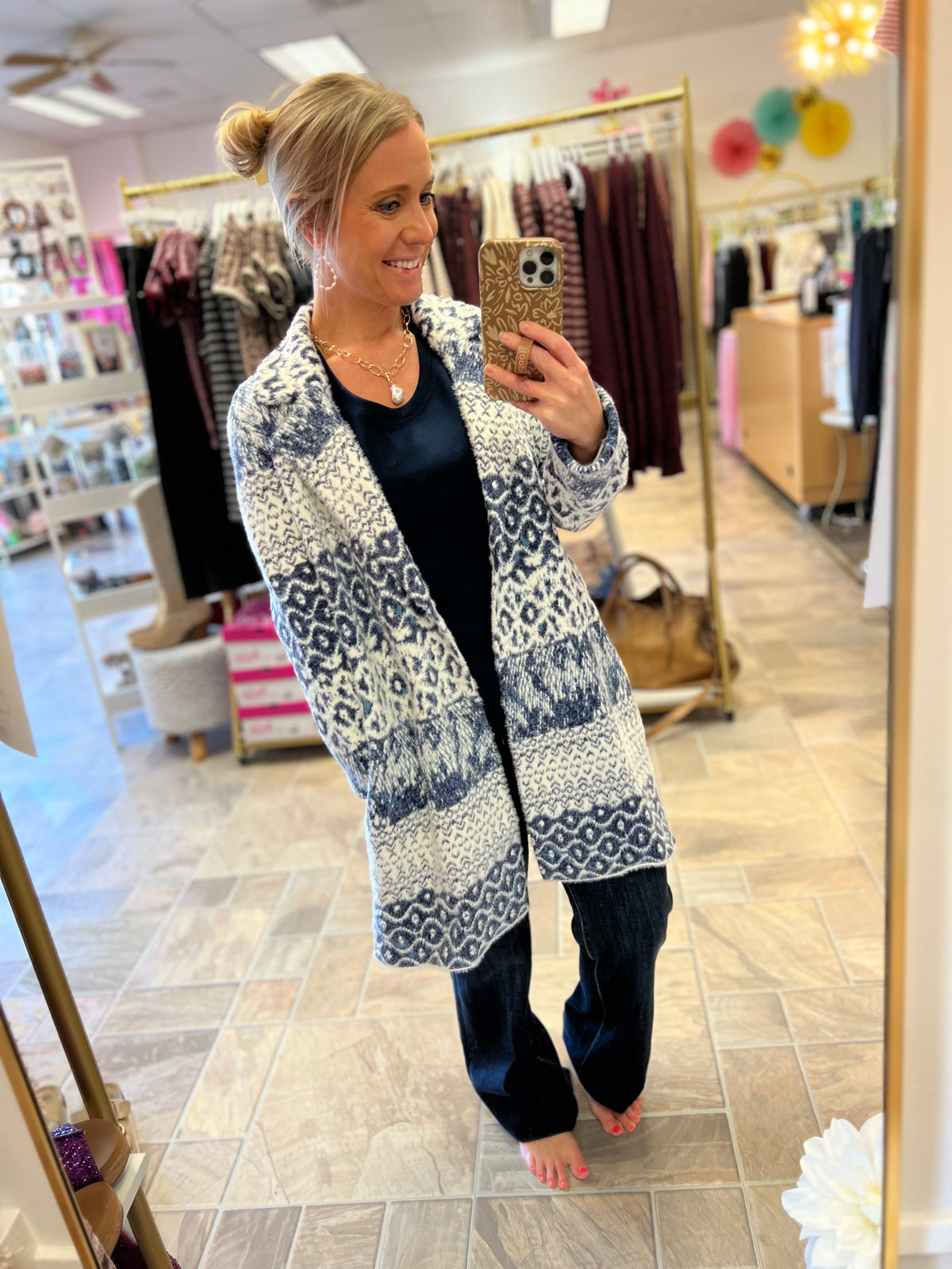 LIVERPOOL Open Front Coatigan Sweater - Navy Shibori Mixed Texture