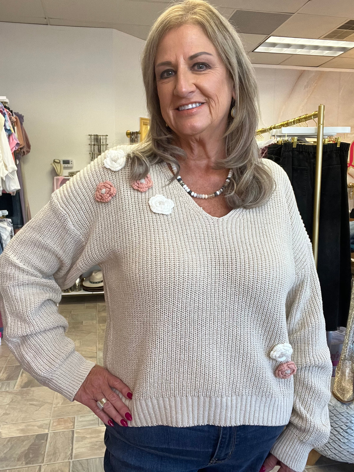 3D Floral Sweater - Natural