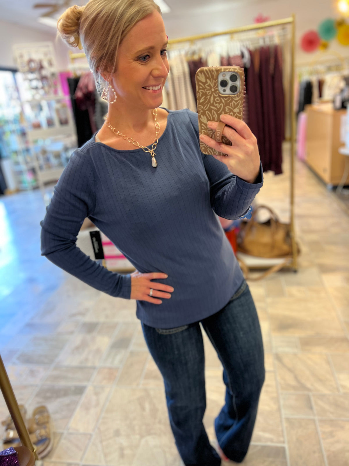 LIVERPOOL Long Sleeve Boat Knit Top - Washed Navy