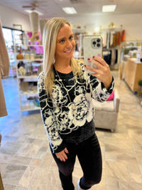 LIVERPOOL Long Sleeve Crew Neck Sweater - Black & White Floral