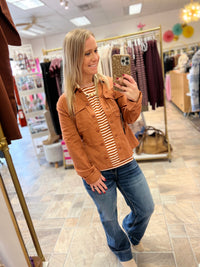 LIVERPOOL Long Sleeve Crew Neck Knit Top With Seaming - Ginger Spice/Cream Stripe