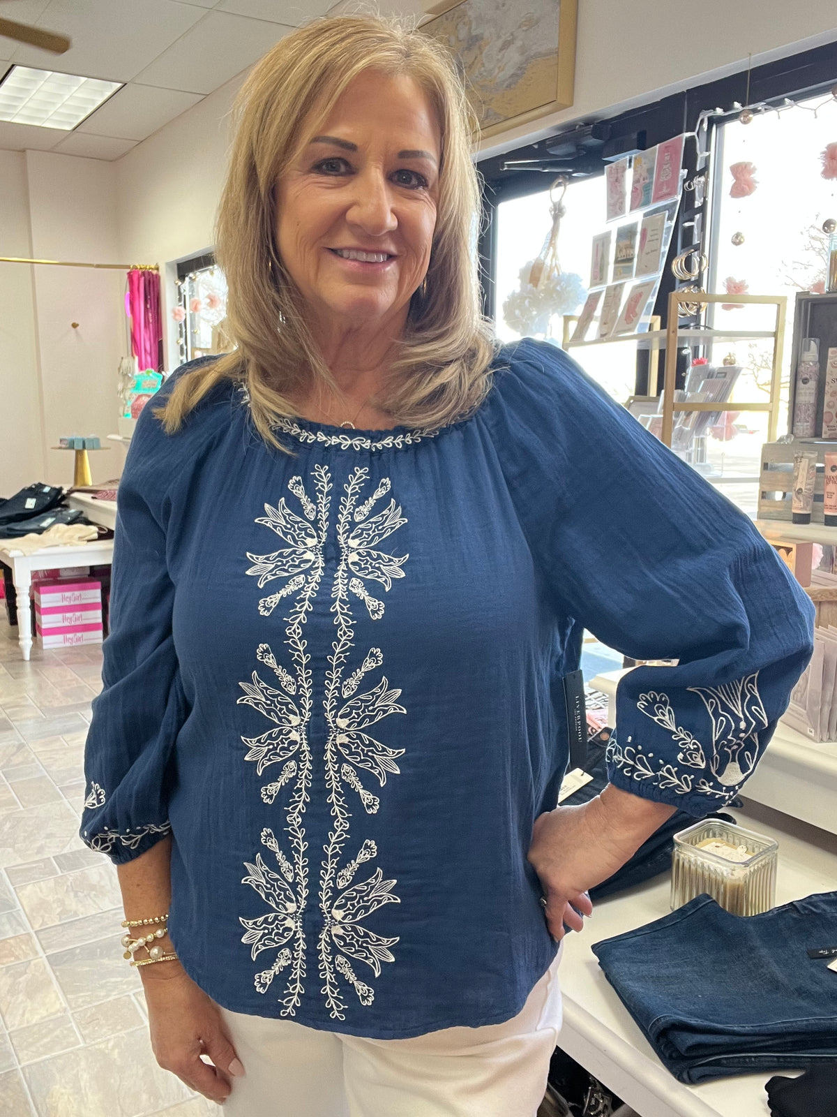 LIVERPOOL 3/4 Sleeve Woven Top With Embroidery - Liberty Blue