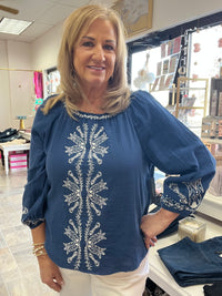 LIVERPOOL 3/4 Sleeve Woven Top With Embroidery - Liberty Blue