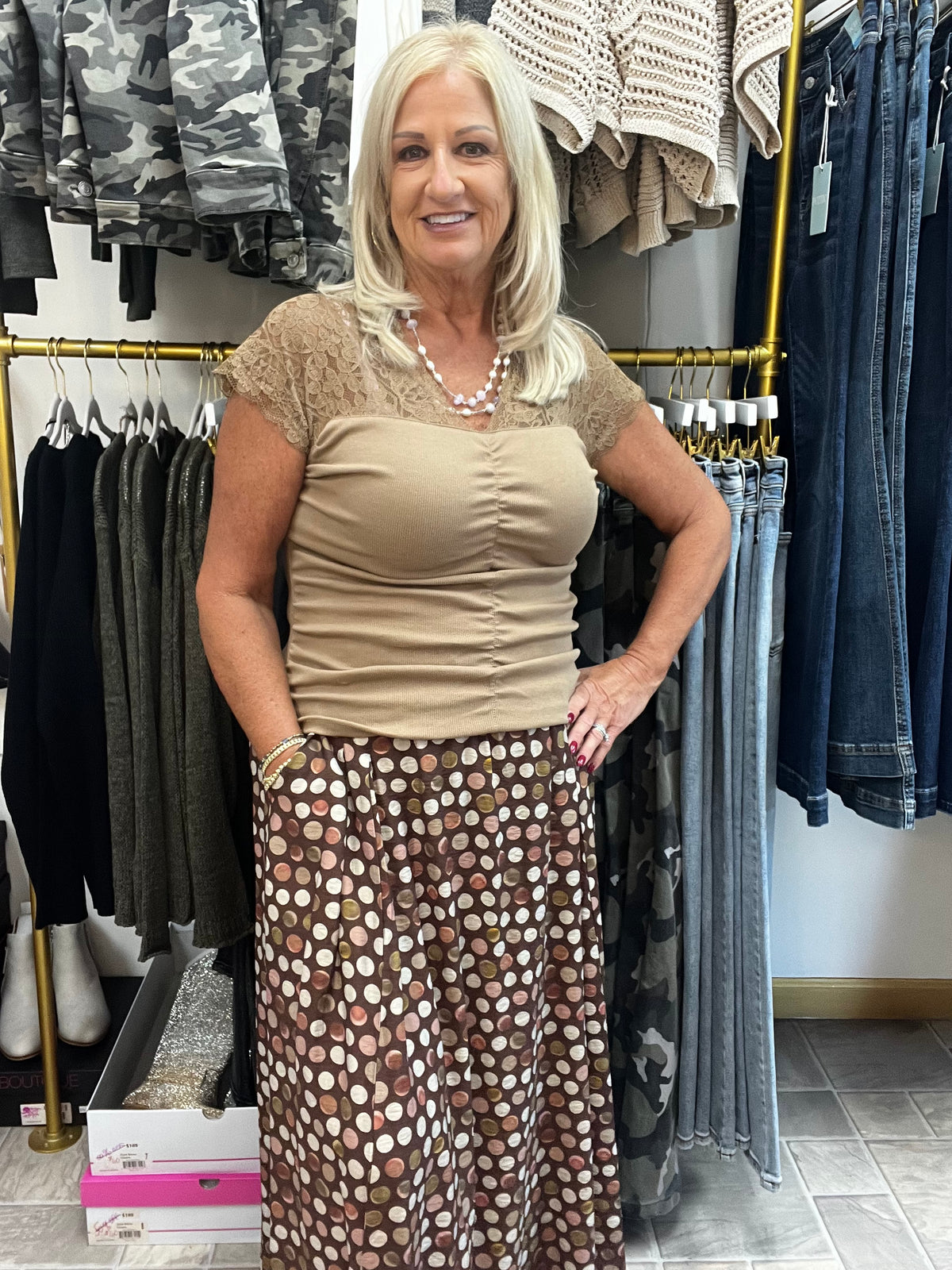 Brown Polka Dot Maxi Skirt