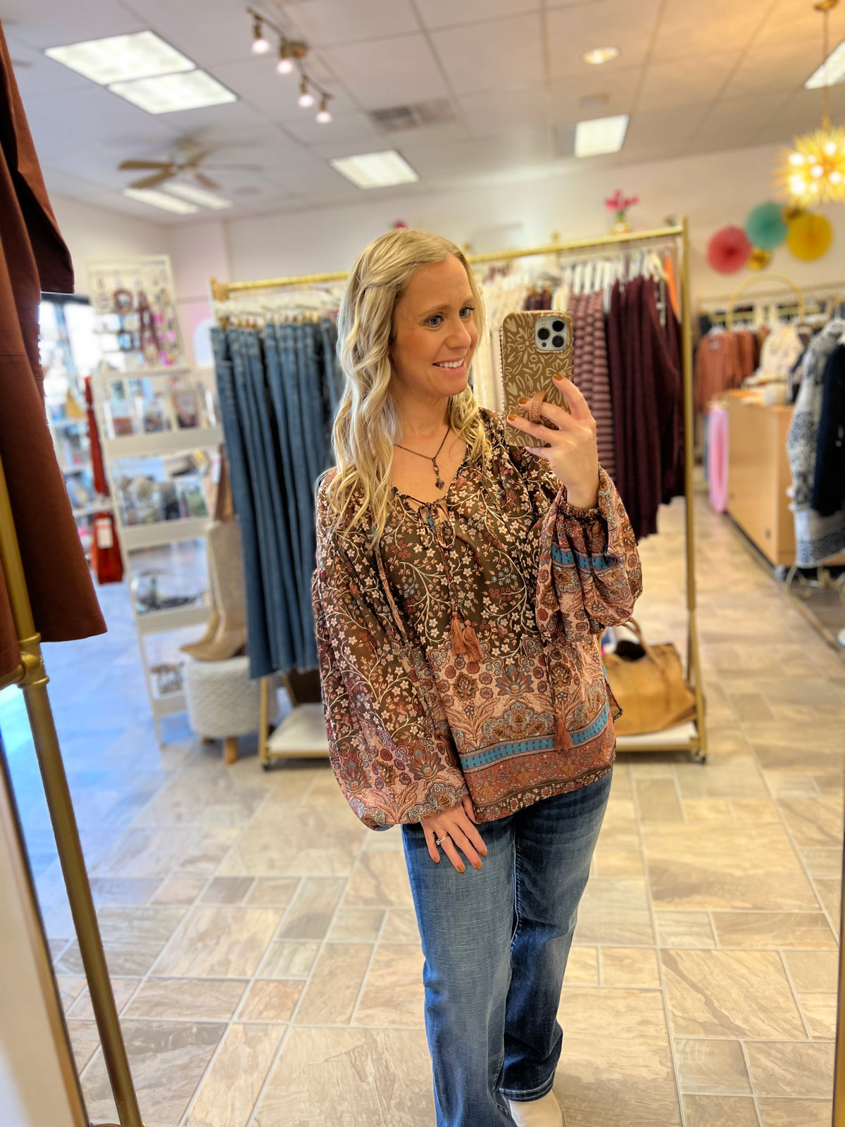 Brown Floral Peasant Blouse