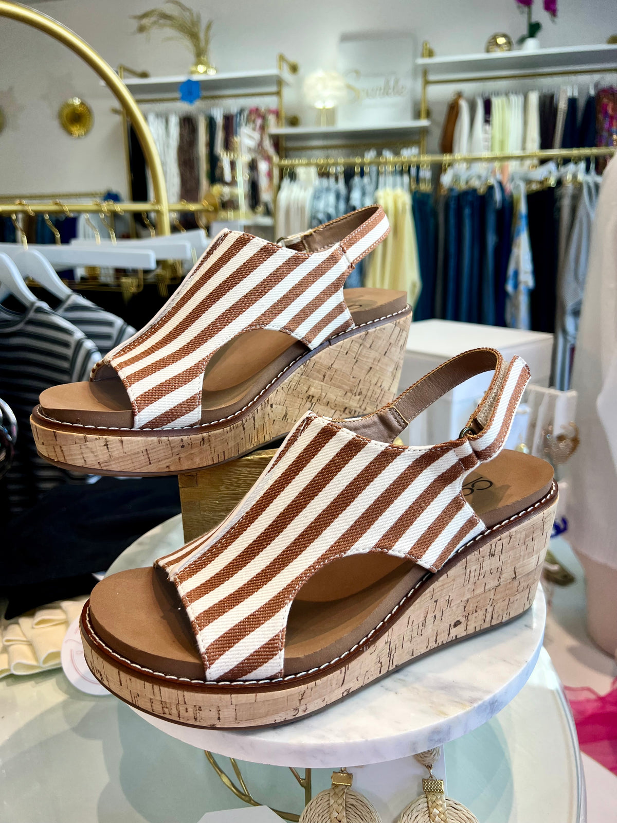 Corkys Carley Wedge - Tan White Stripe