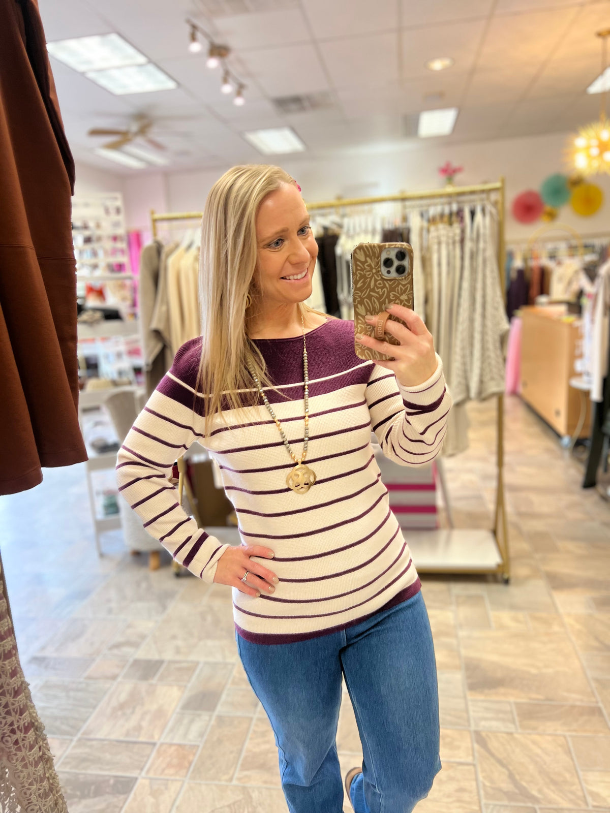 Plum Waffle Striped Top