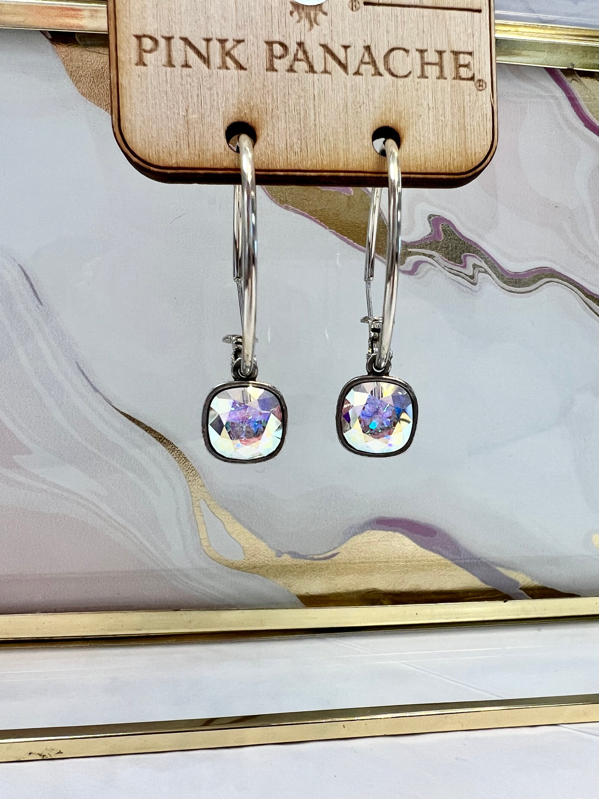 Square Crystal Hoop Earrings - Iridescent/Silver