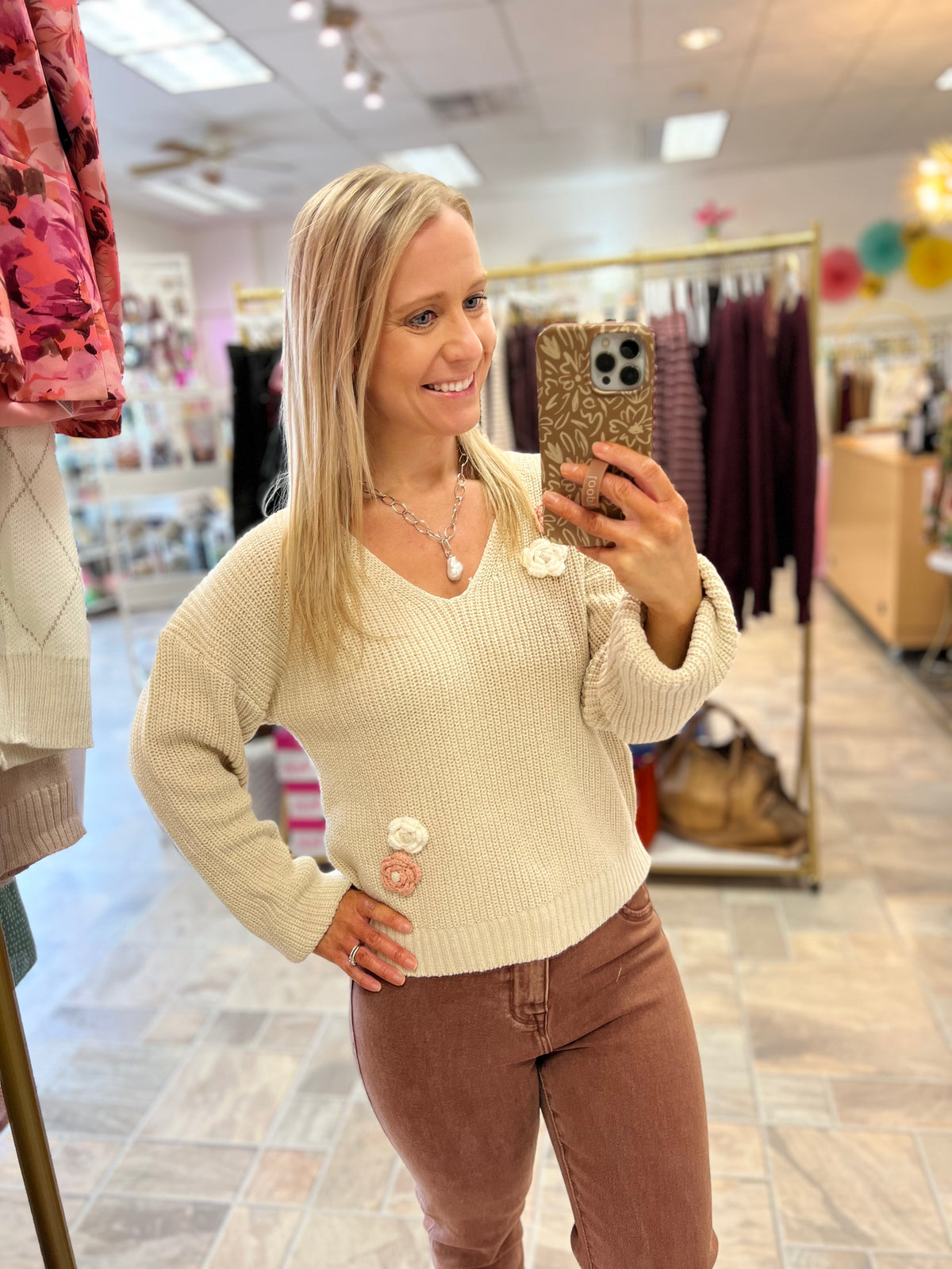 3D Floral Sweater - Natural