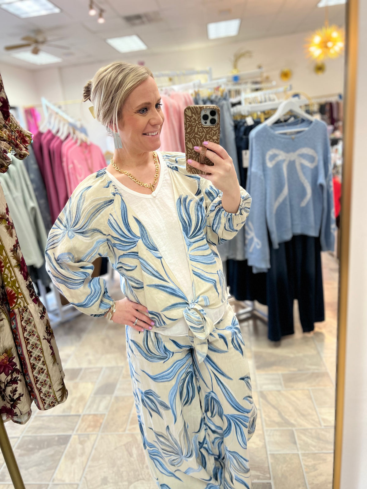 Tie Front Top - Beige Print