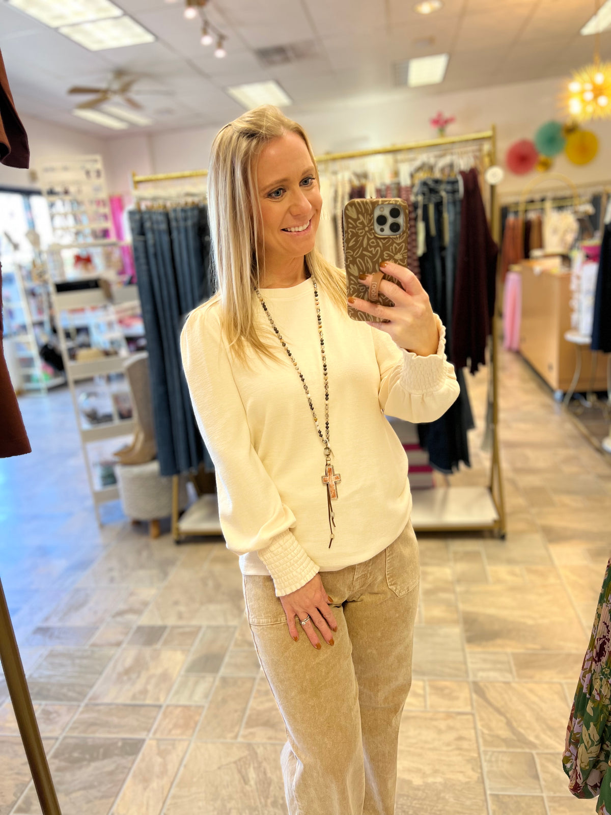 Ivory Smocked Sleeve Top