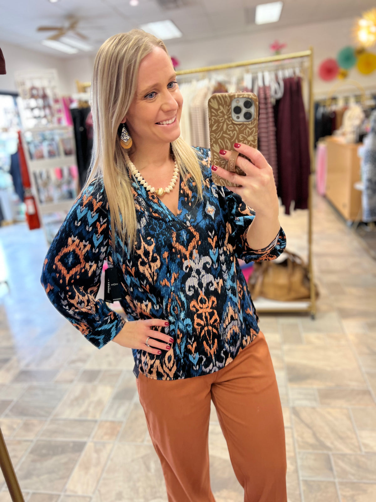 LIVERPOOL 3/4 Sleeve V-Neck Woven Blouse - Blue Multi Ikat