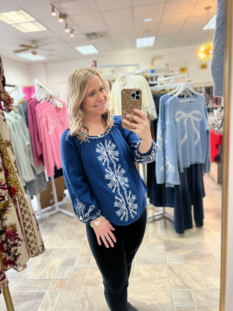 LIVERPOOL 3/4 Sleeve Woven Top With Embroidery - Liberty Blue