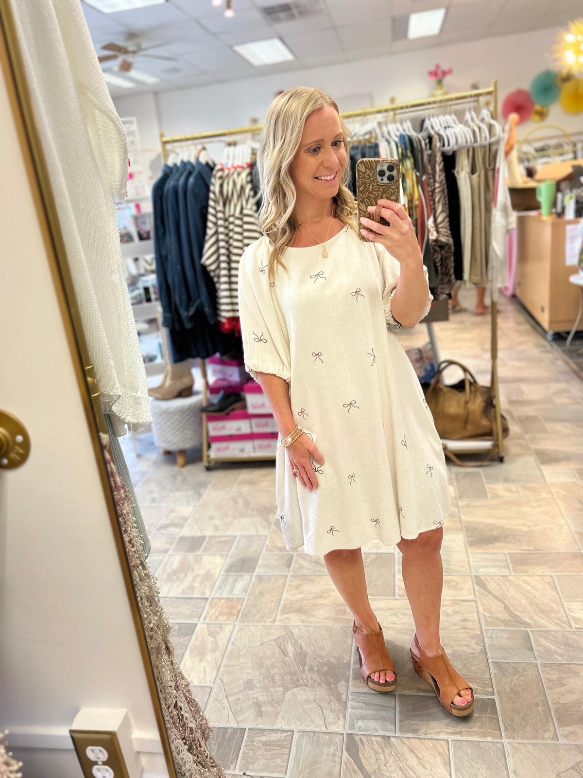 Embroidered Bow Mini Dress