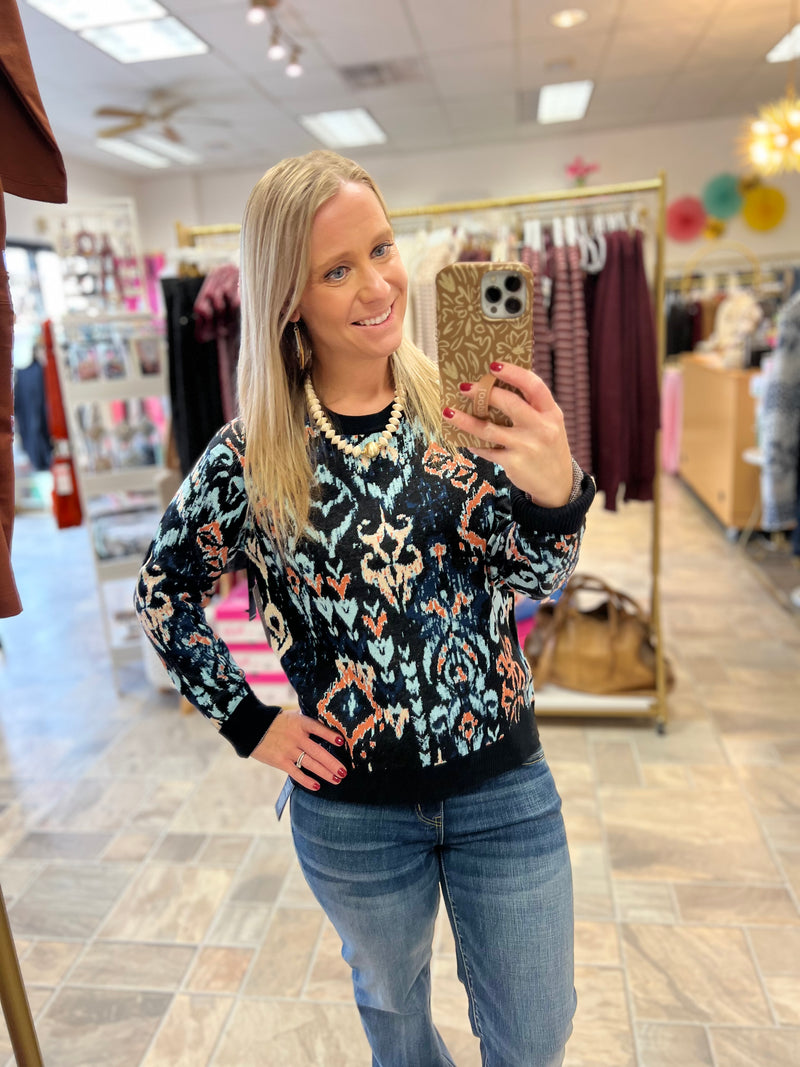 LIVERPOOL Long Sleeve Drop Shoulder Jacquard Sweater - Blue Multi Ikat