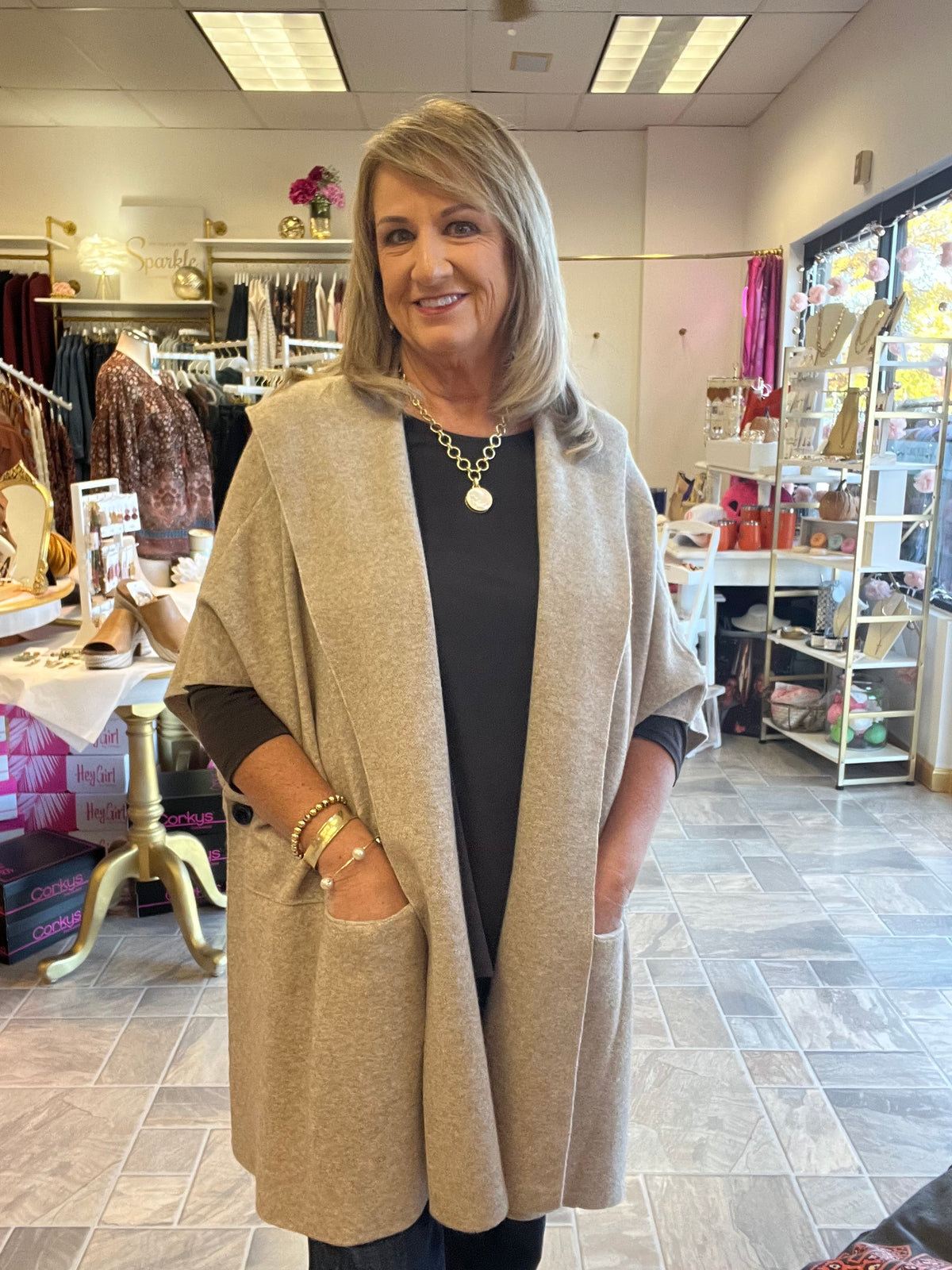 Beige Open Poncho Cardigan
