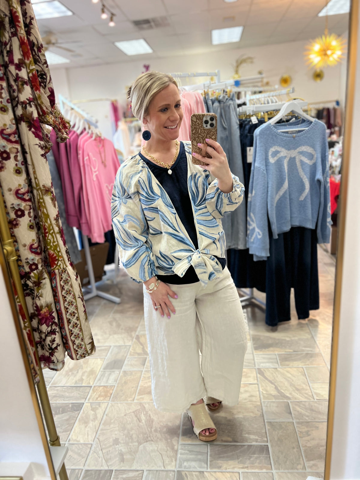 Tie Front Top - Beige Print