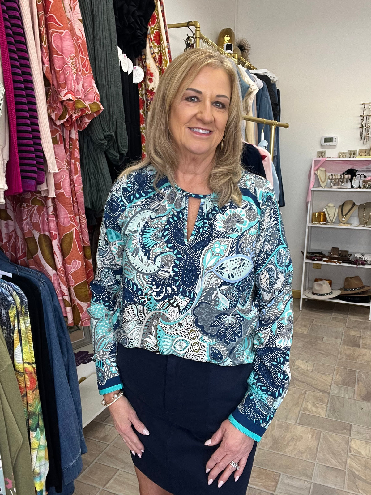 LIVERPOOL Long Sleeve Woven Top With Keyhole Neckline - Aqua/Blue Multi