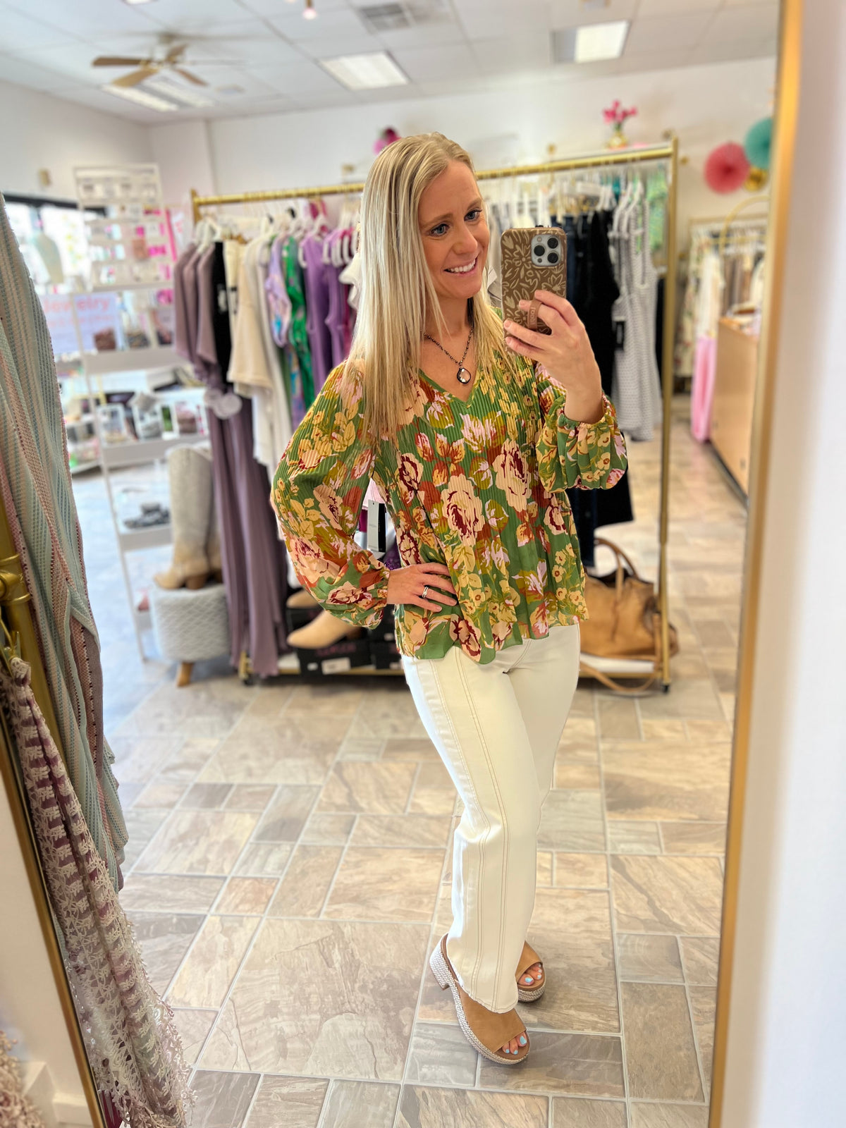 LIVERPOOL Long Sleeve V-Neck Pleated Top - Green Multi Floral