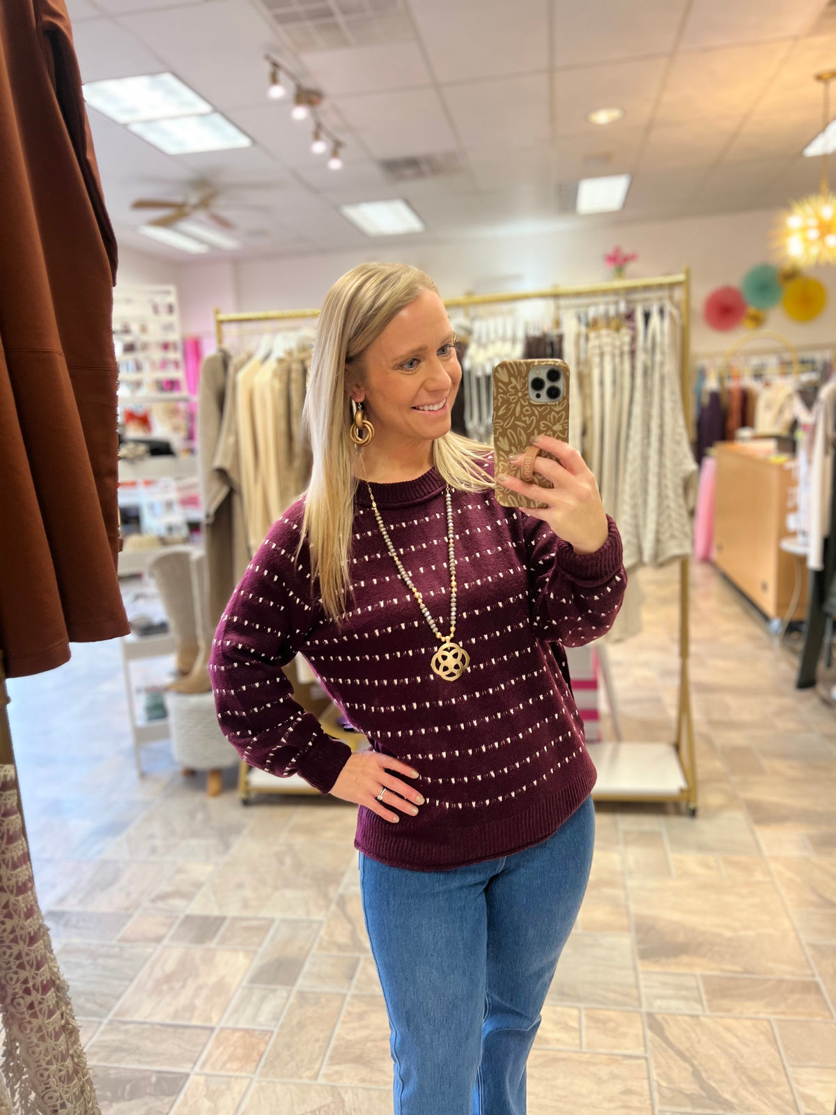 Eggplant Textured Striped Sweater