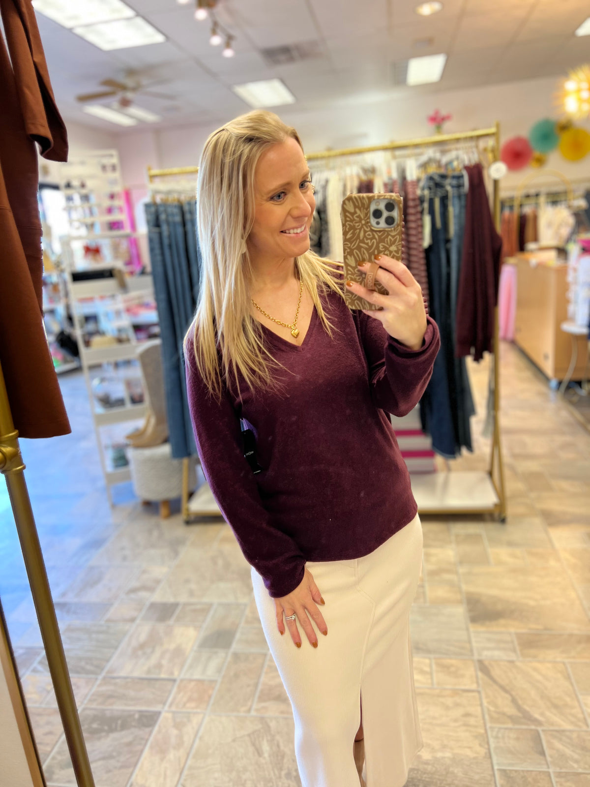 LIVERPOOL Long Sleeve V-Neck Knit Top With Shirring - Maroon Melange