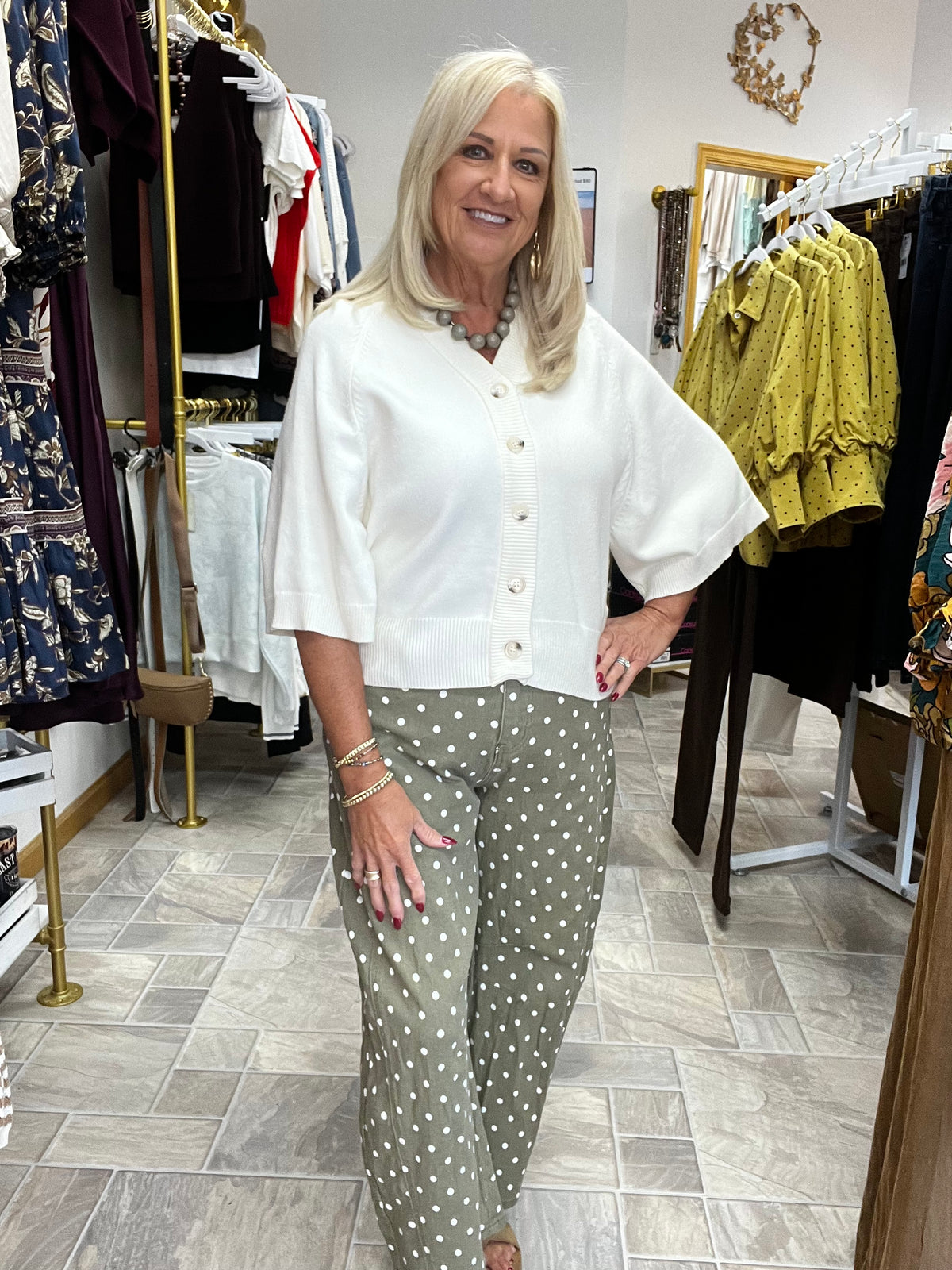 Olive Polka Dot Barrel Pants