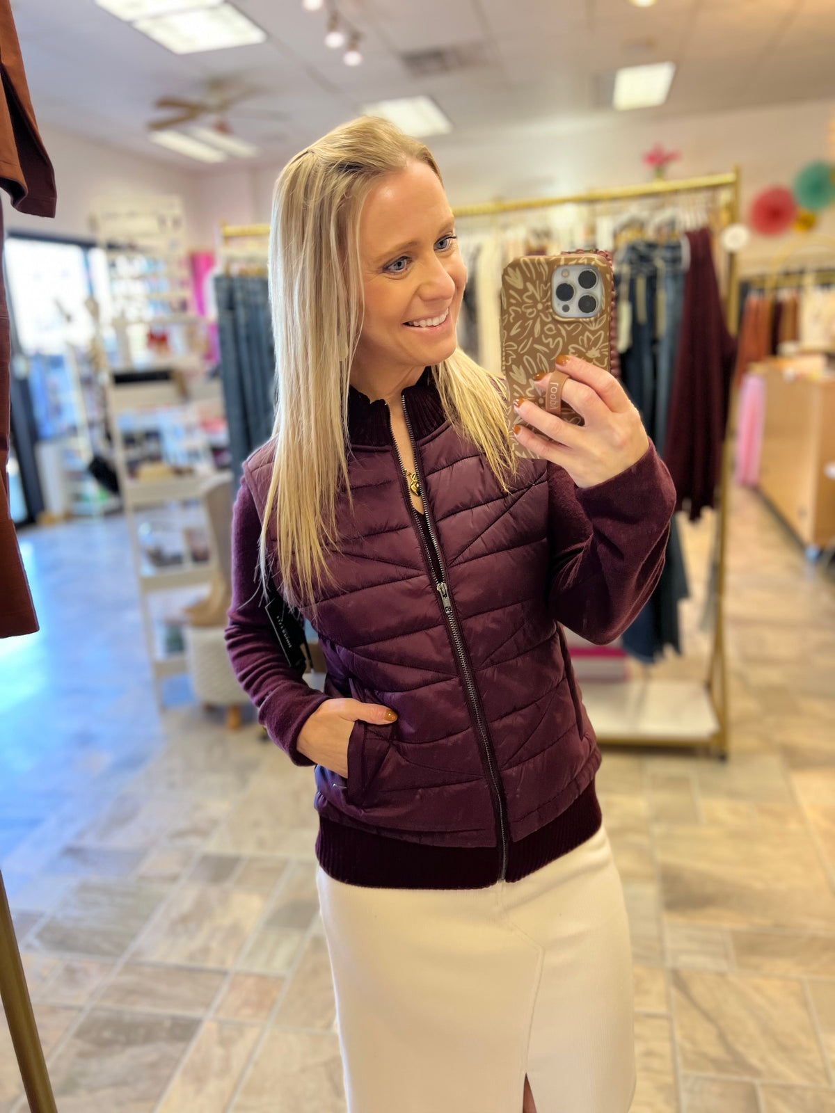 LIVERPOOL Sleeveless Quilted Full Zip Sweater Vest - Wineberry