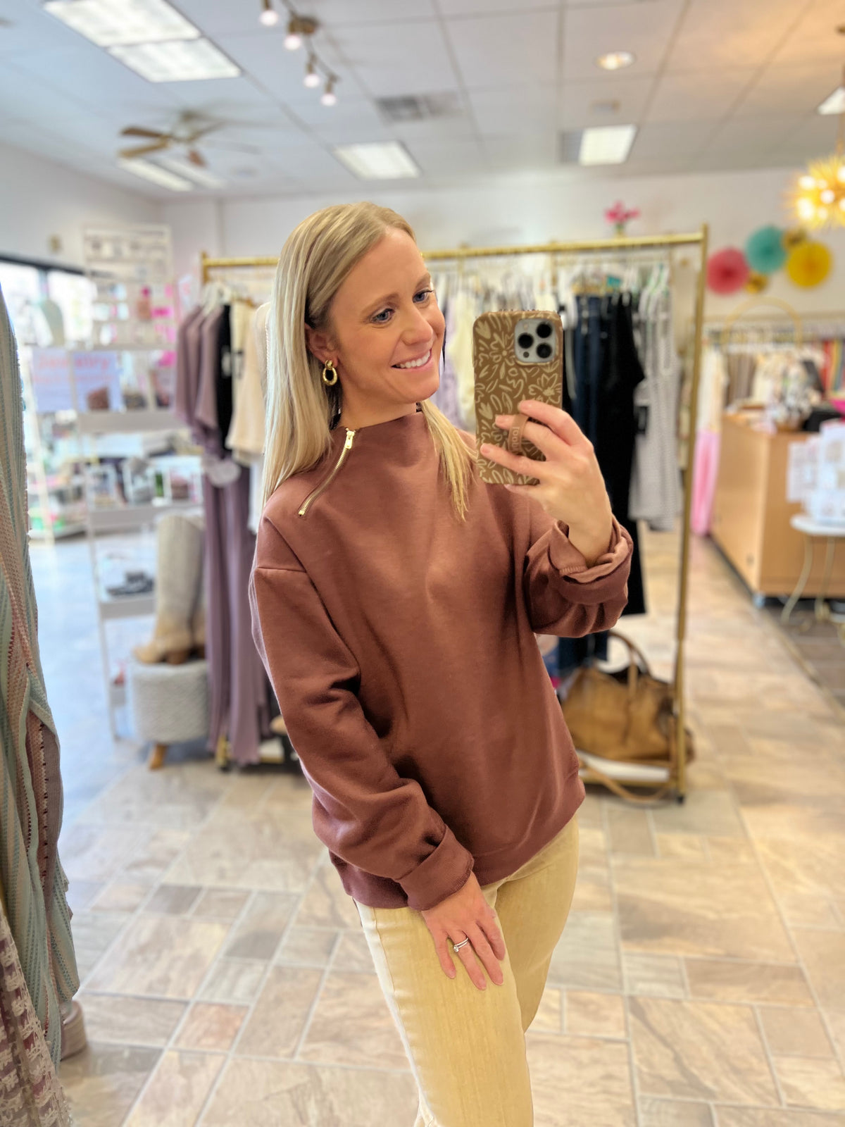 Brown Zipper Trim Top