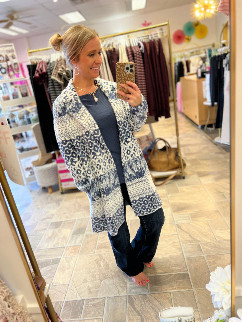 LIVERPOOL Open Front Coatigan Sweater - Navy Shibori Mixed Texture