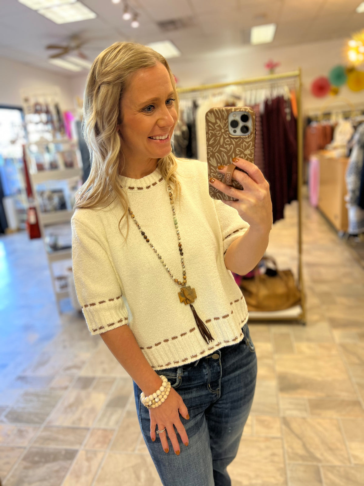 White/Brown Stitch Top