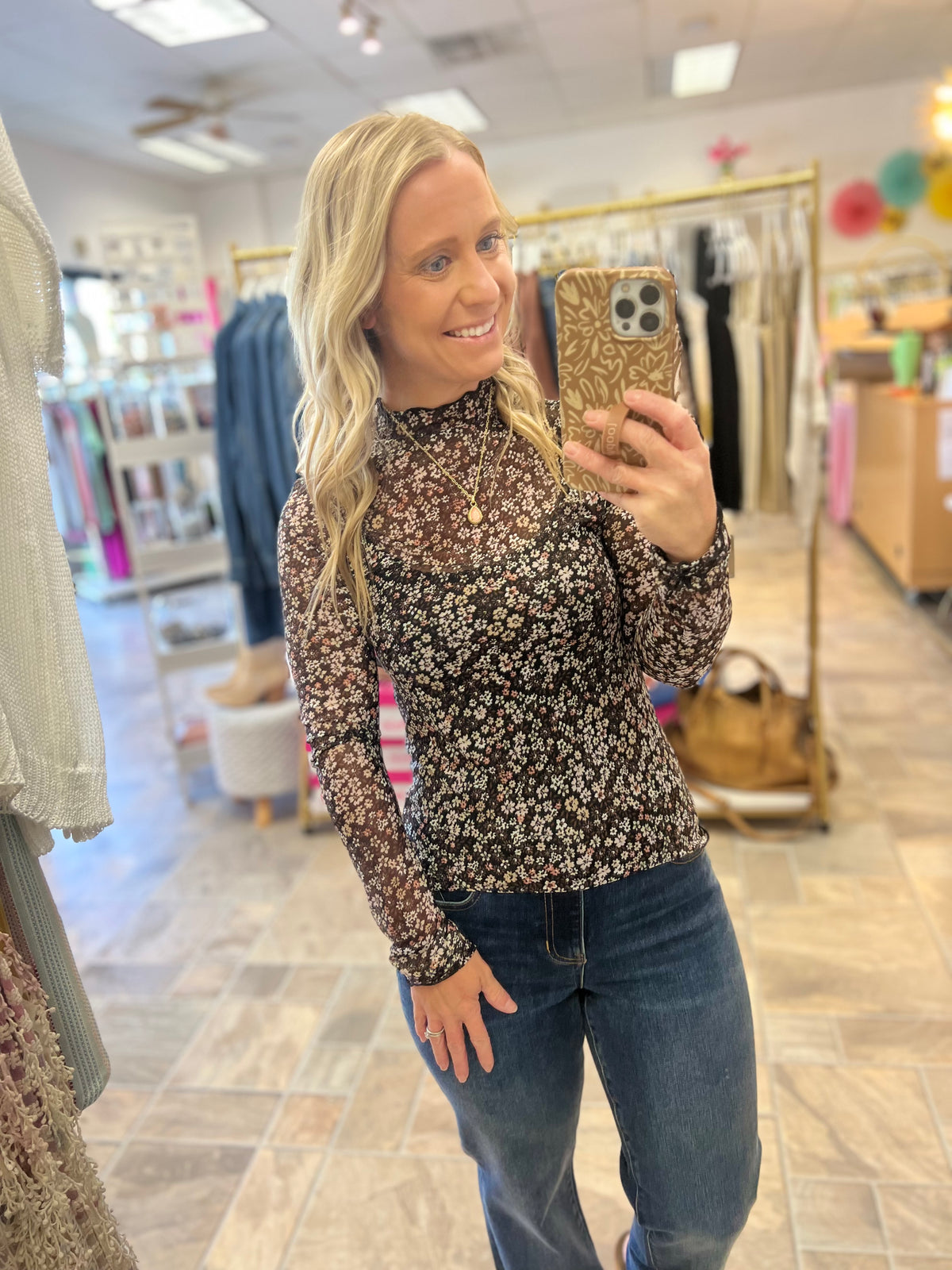 Mesh Mock Neck Top - Black Floral