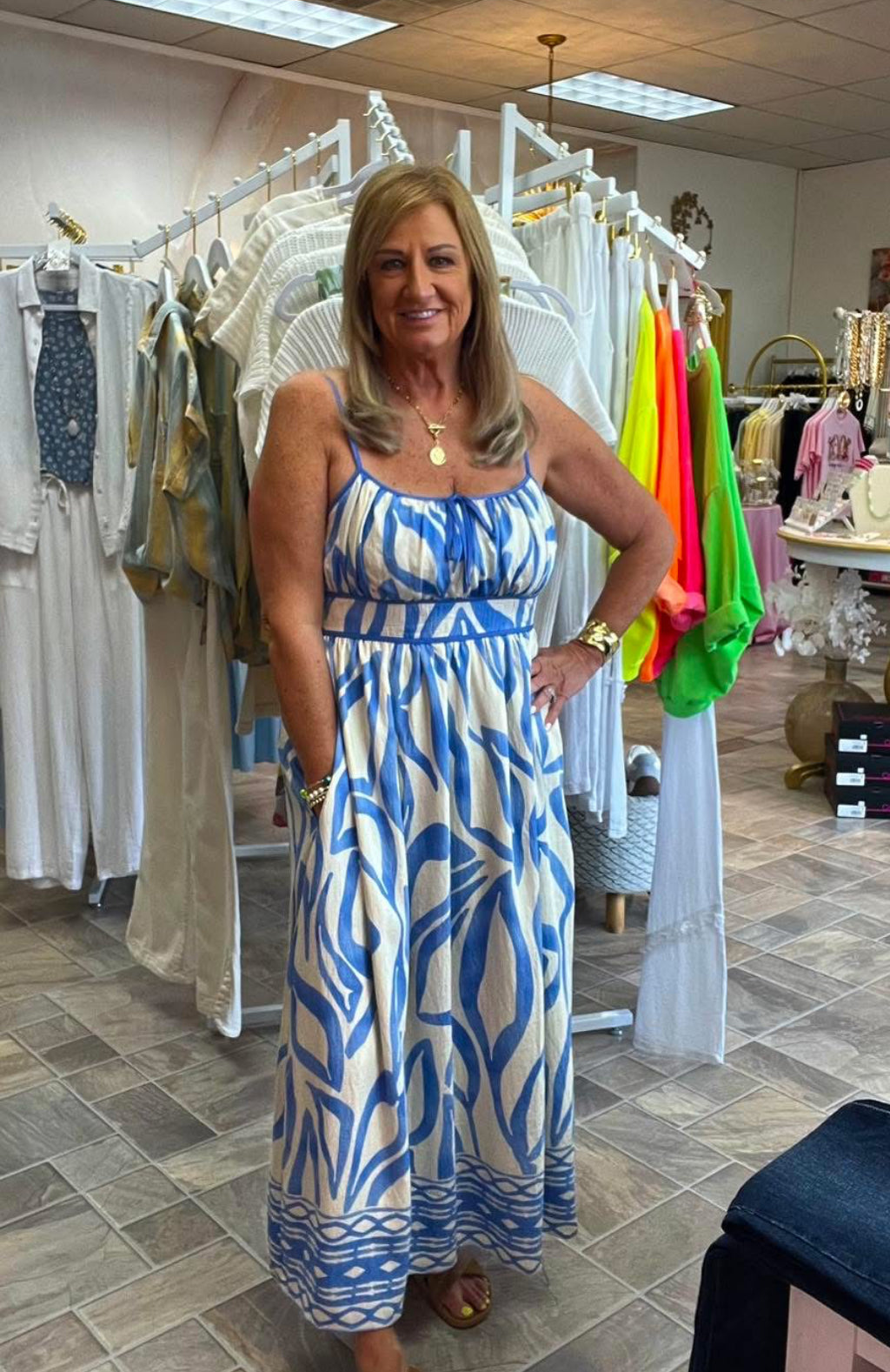 Ikat Border Print Midi Dress - Blue