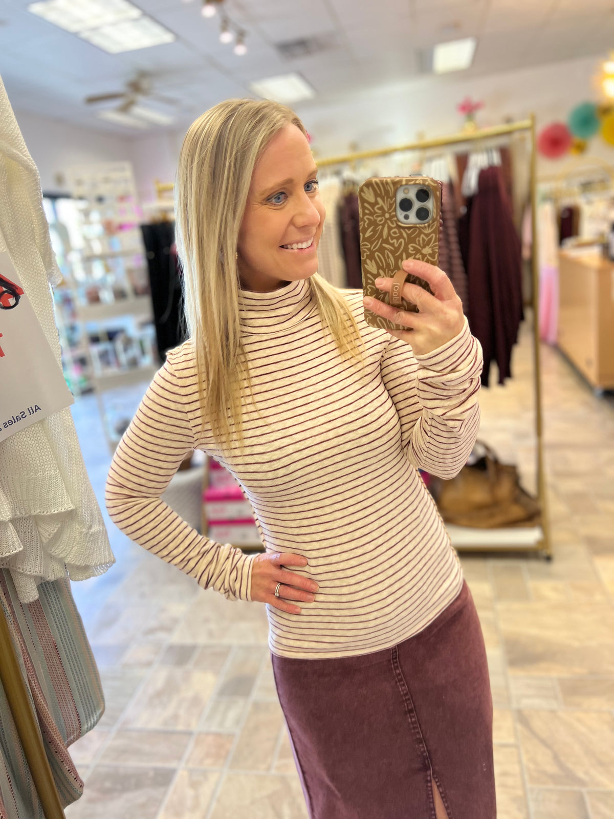 Striped Turtleneck Top - Burgundy