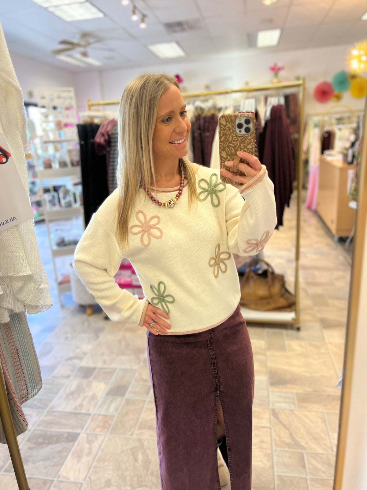 Floral Applique Sweater - Cream