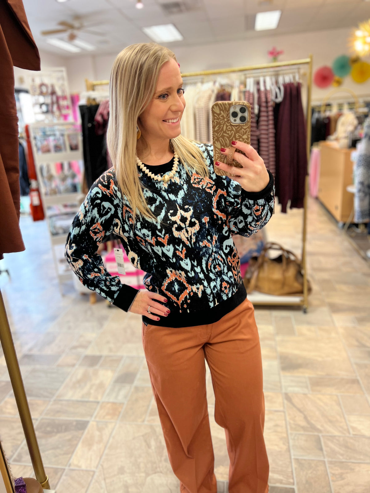 LIVERPOOL Long Sleeve Drop Shoulder Jacquard Sweater - Blue Multi Ikat