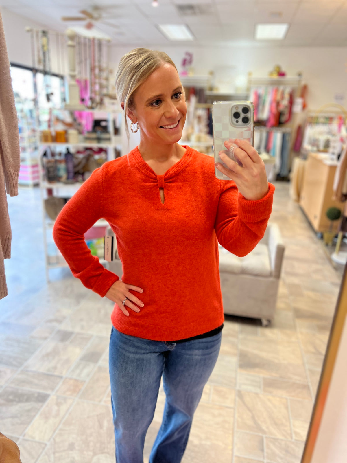 LIVERPOOL Long Sleeve Cut Out Bow Neck Sweater - Orange