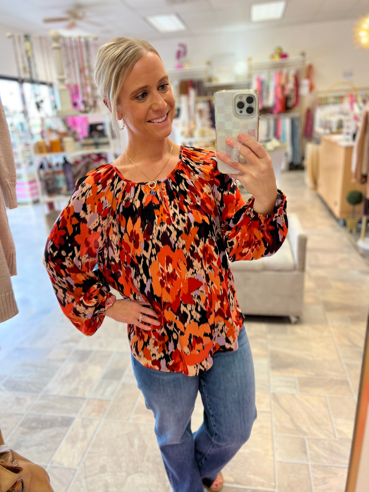 LIVERPOOL Long Sleeve Shirred Woven Blouse - Burnt Orange Floral