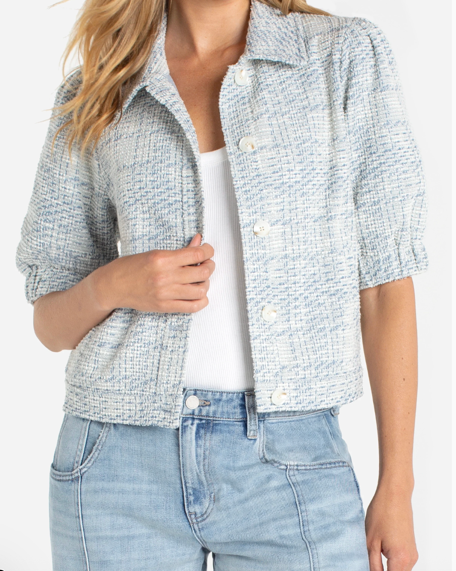 LIVERPOOL Puff Sleeve Jacket - Cream Blue Plaid