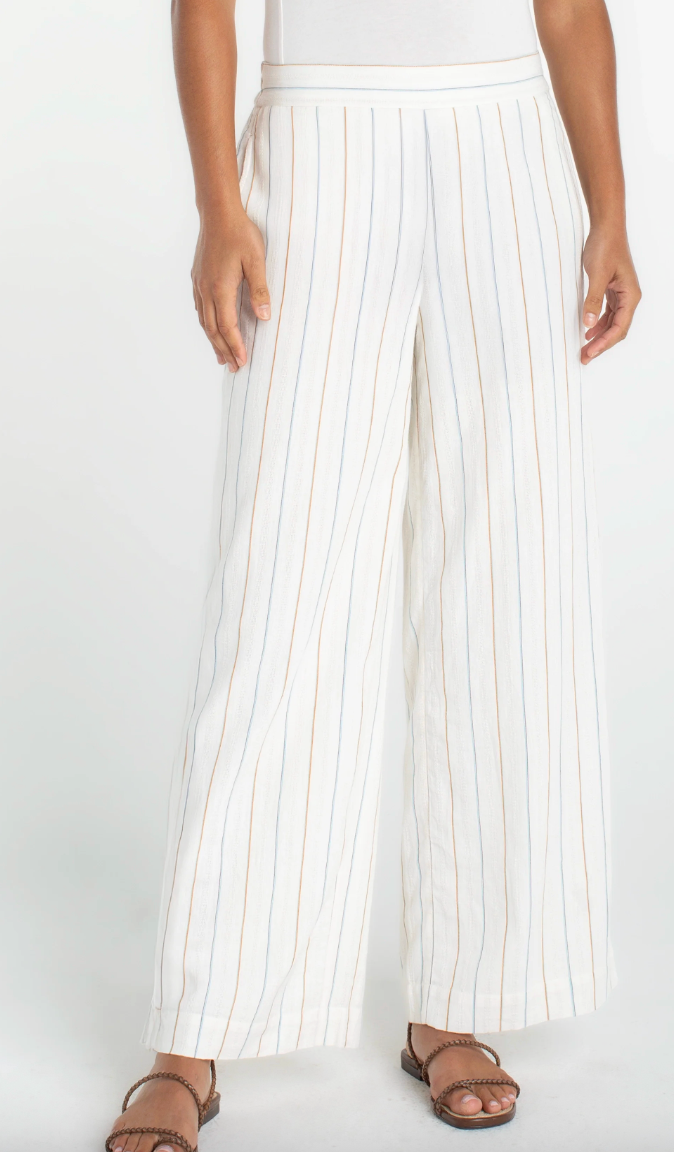 LIVERPOOL Pull-On Wide Leg Woven Pant - Cream Blue Multi Stripe